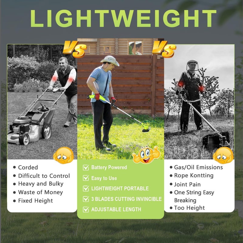 Aokia Weed Wacker Cordless,2000mah Battery Operated Weed Trimmer 3 Types Cutting Blade Lightweight Electric Grass Cutter,Fast Charger Portable Lawn Trimmer for Yard Garden - Image 4